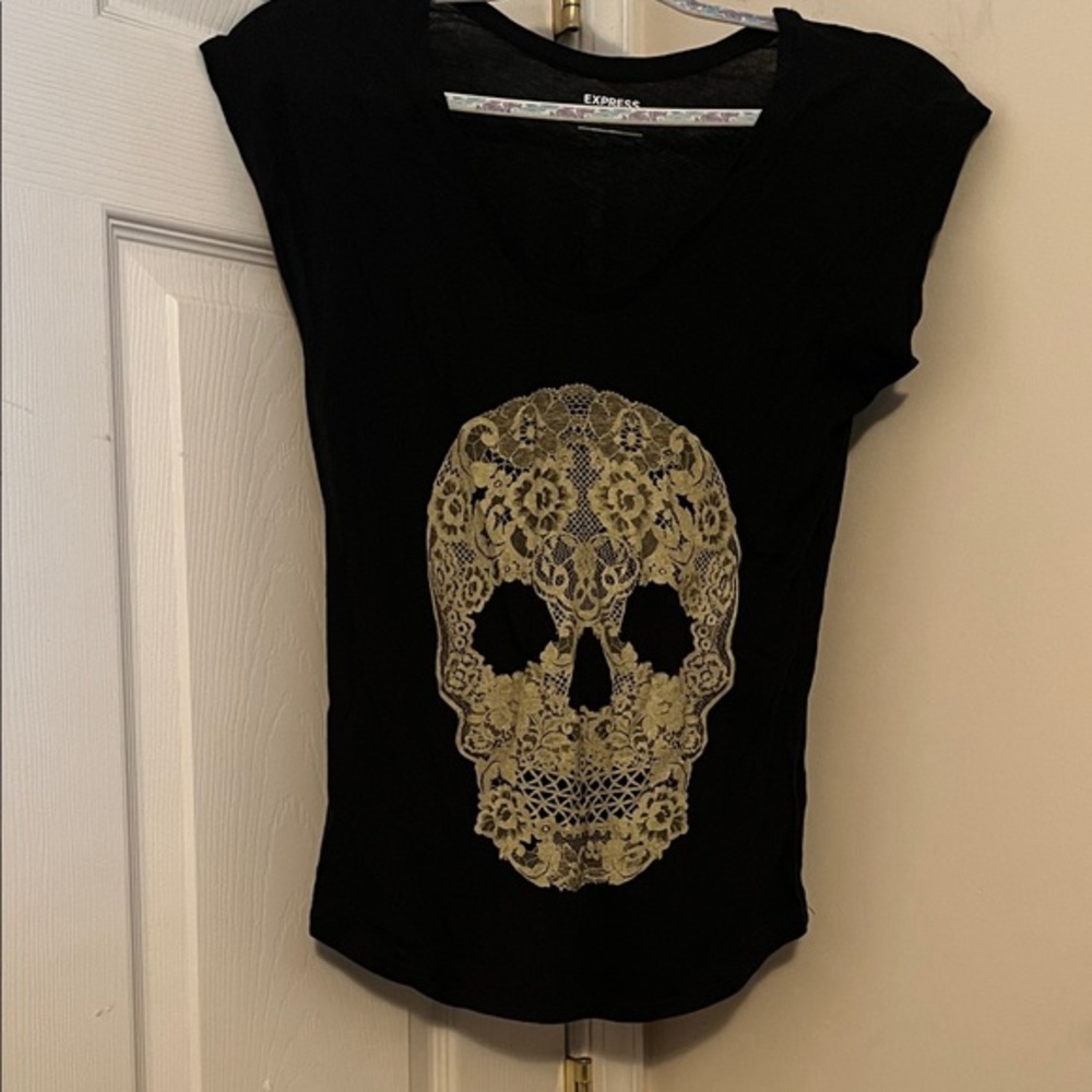 Express Black Tee with Gold Skull Design